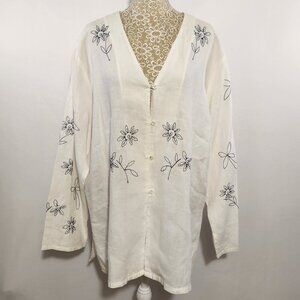 Jennifer Women Size 20 White Embroidered Long Sleeve 100% Ramie Button Tunic Top